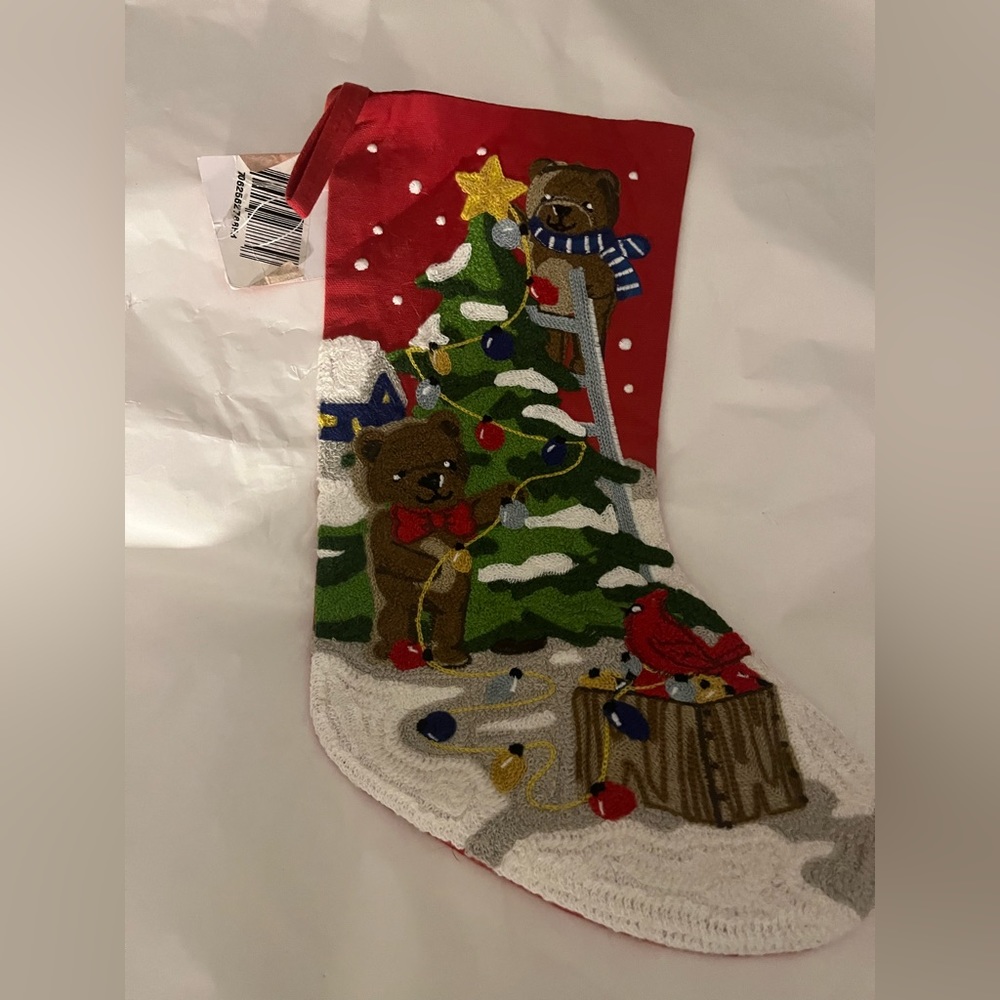 New with Tags Holiday Lane Embroidered Bear Christmas Stocking Below $75 Retail